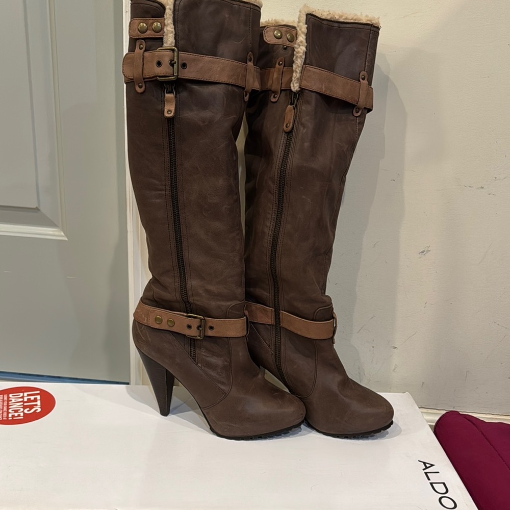 Aldo Brown Heeled Boots with Decorative Buckles